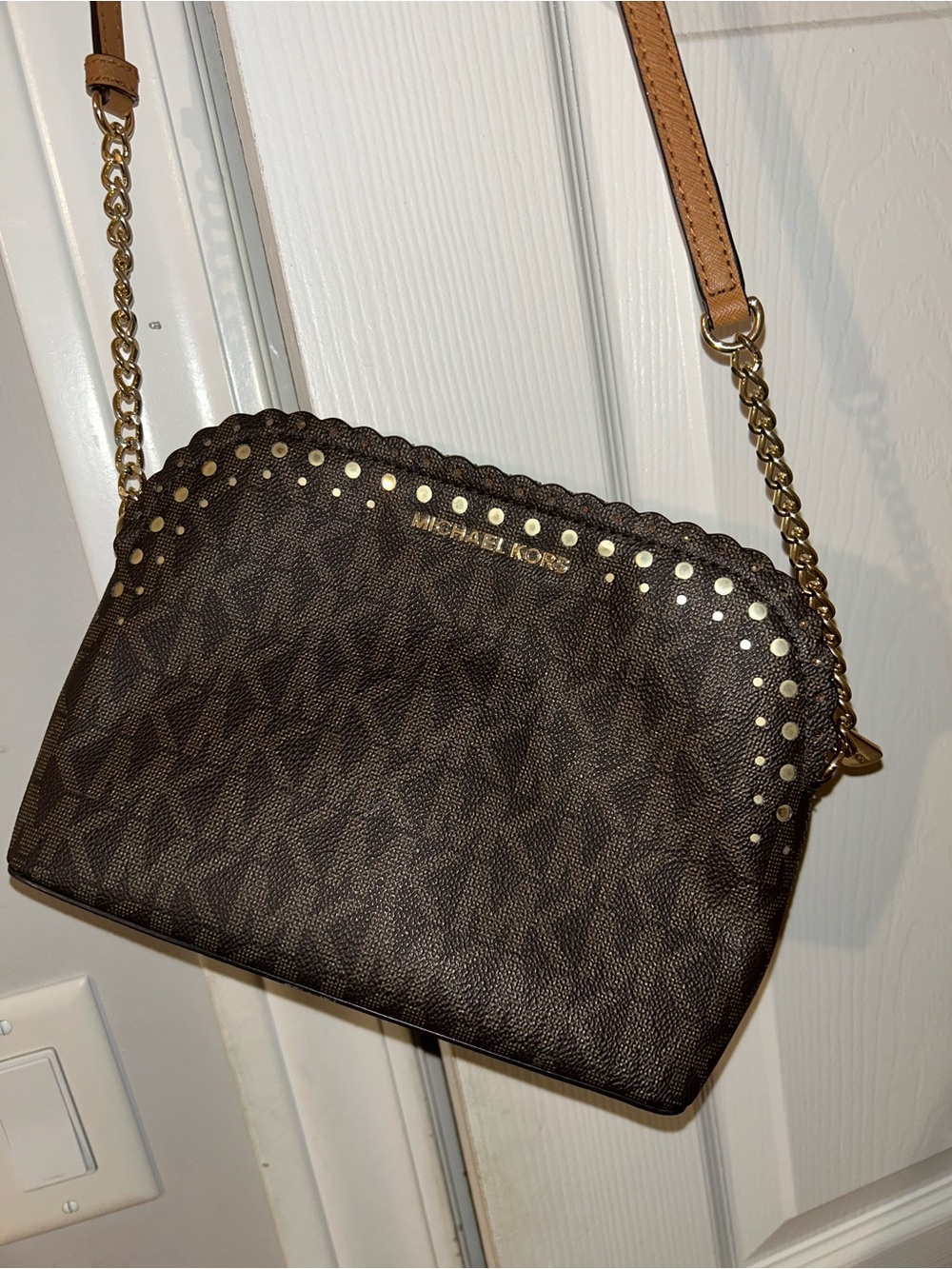 Michael Kors Brown Cindy Dome Signature Crossbody Bag with Gold Accent